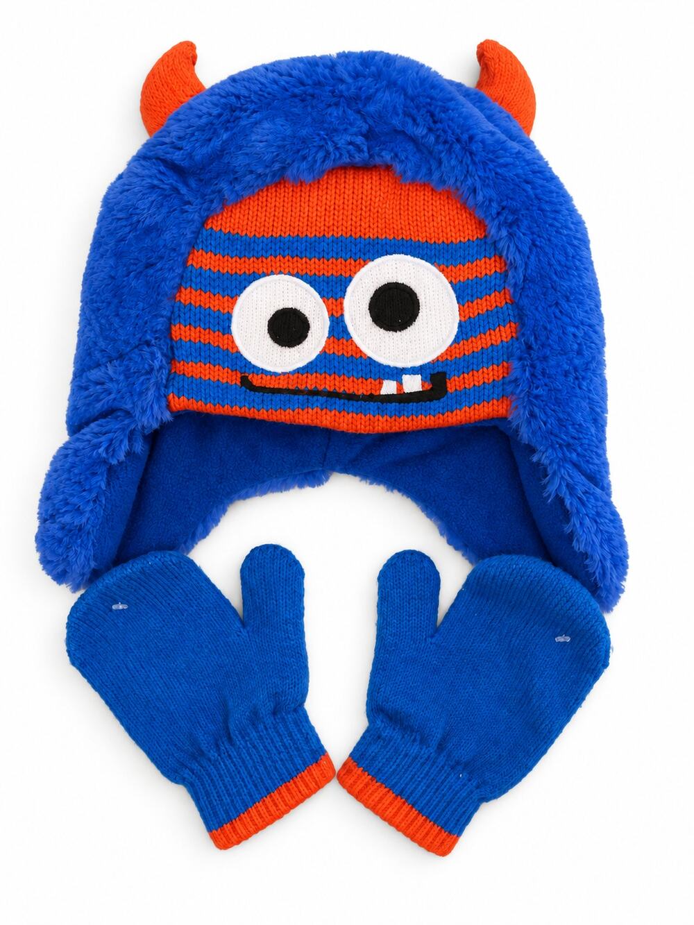Toddler Monster Hat & Mittens Set Blue Orange Earflap Winter Size 2–5T